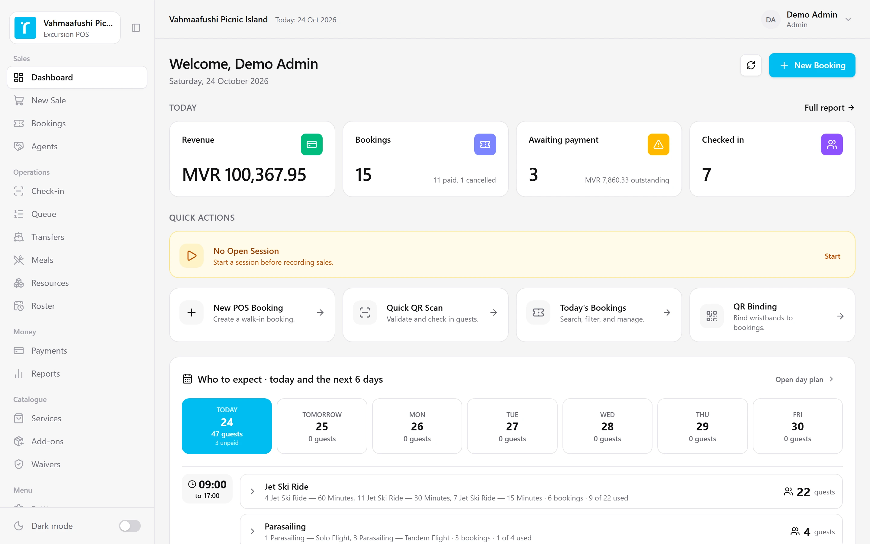 The Revsol Excursion POS counter dashboard: today's revenue, bookings, payments and check-ins, and the next six days.