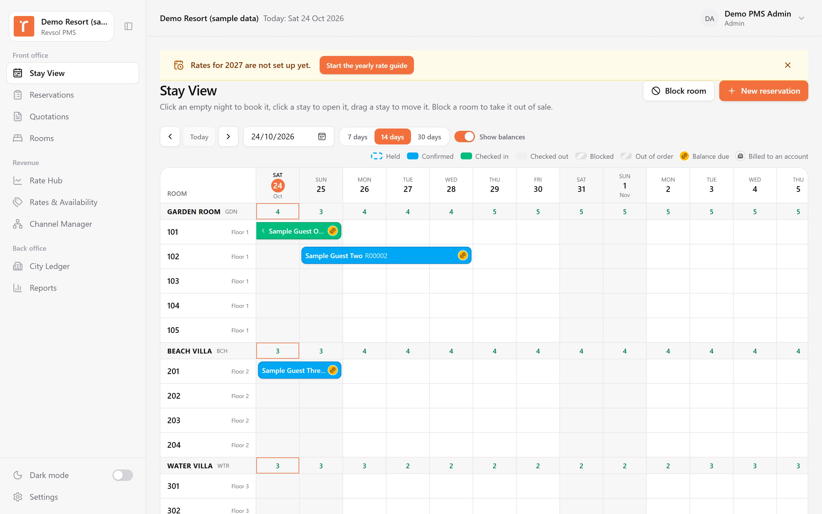 The Revsol PMS stay view: rooms over dates with reservations as bars, balances due and rooms out of sale.